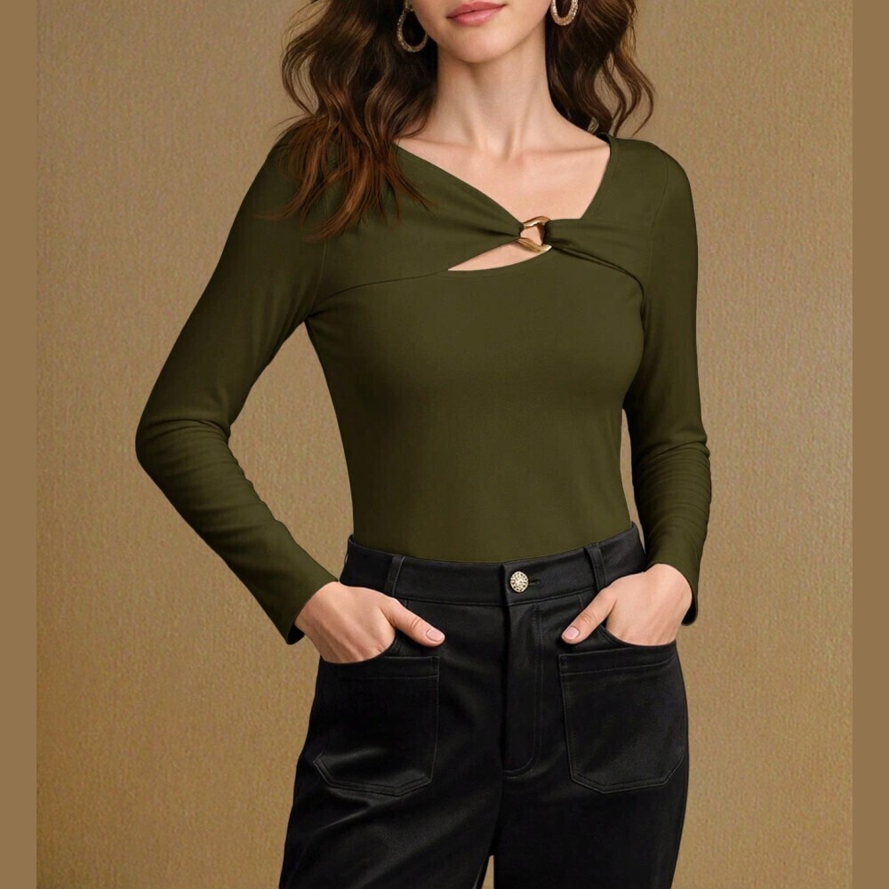 Olive Green Asymmetric Cutout Long Sleeve Knit Top Tee with Ring Detail